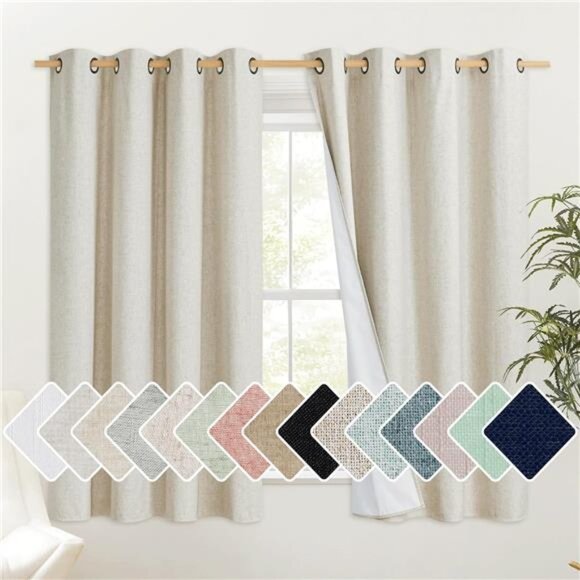 Natural Linen Curtains 45" Long with Noise Reducing for Small Window, 52" Wide - Picture 1 of 7